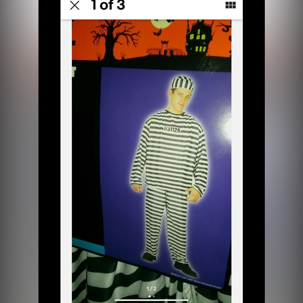 Black and White Striped Prisoner Costume mens convict halloween costume ghoul NW